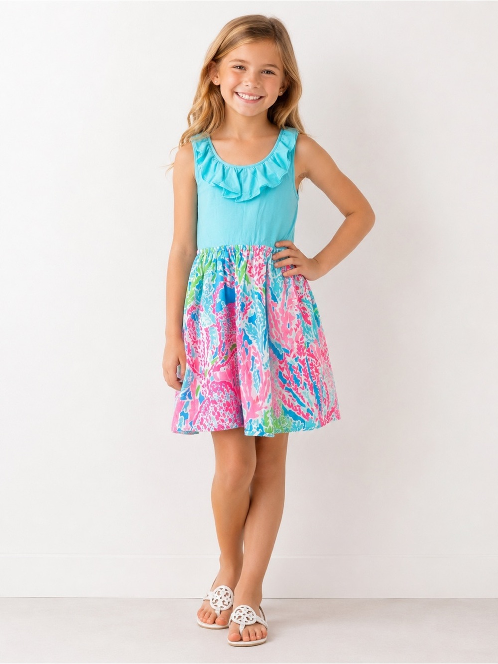 Lilly Pulitzer Aqua Ruffle Neck Dress with Pink & Green Coral Print Girl Size 10